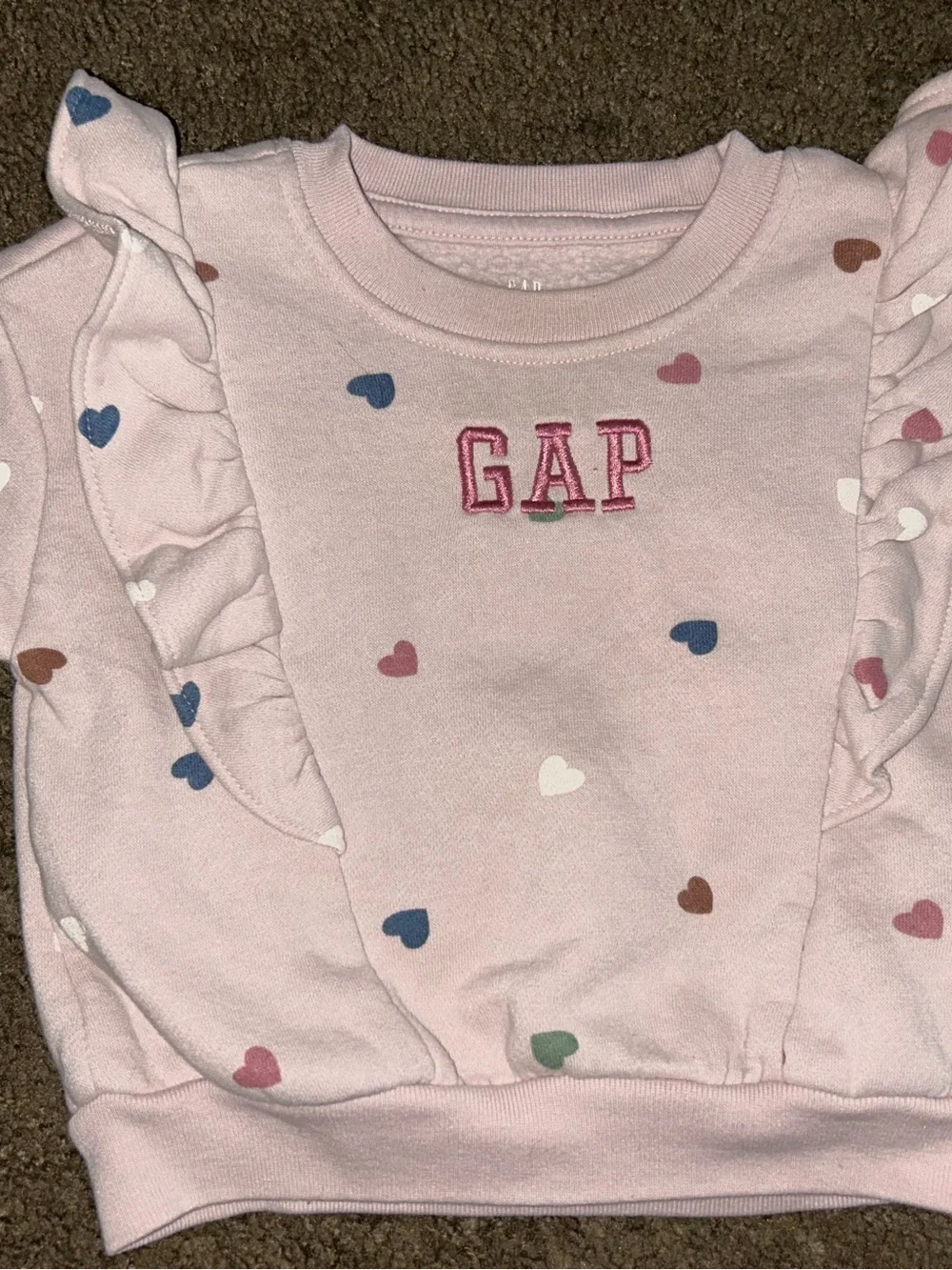 GAP Pink Ruffle Sweatshirt with Multicolor Hearts